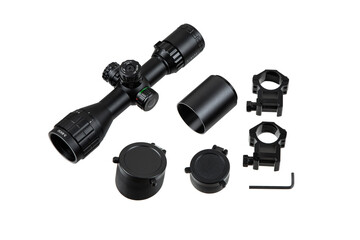Modern sniper scope on a white back. Optical device for aiming and shooting at long distances.