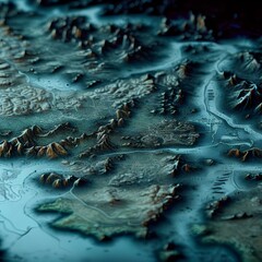 AI-generated illustration of a 3D map of a fictional landscape, created with a metallic material and a lot of intricate details. The landscape consists of a river, mountains, forests, and cities.