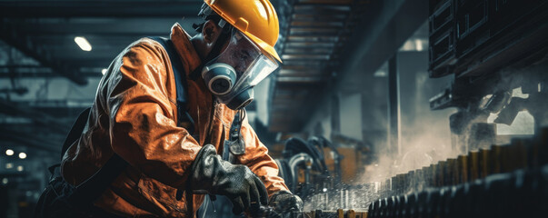 Factory worker wearing protective gear and operating heavy machinery