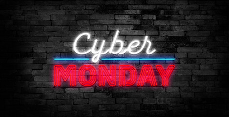 Cyber Monday, discount sale concept illustration in neon style, online shopping and marketing concept, vector illustration. Neon luminous signboard, bright banner, luminous advertisement.