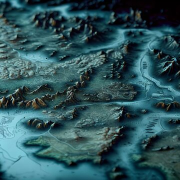 AI-generated illustration of a 3D map of a fictional landscape, created with a metallic material and a lot of intricate details. The landscape consists of a river, mountains, forests, and cities.