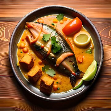 An AI-generated illustration is a delicious image of a dish of fish curry on a wooden table, a traditional Asian cuisine that is rich in flavor and nutrition. 