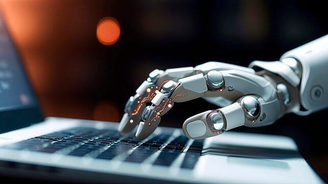 Robot hands point to laptop button advisor chatbot robotic artificial intelligence concept.	
