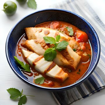 AI-generated illustration of a blue bowl of tomato soup with croutons and cheese on top, a perfect comfort food for a cold day. The soup is a deep red color with chunks of tomato and herbs visible, 