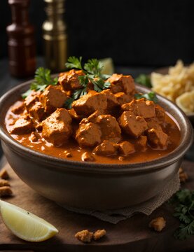 AI-generated illustration of mouthwatering image of a bowl of Indian butter chicken, a popular dish of tender chicken pieces cooked in a rich and creamy tomato-based sauce. 