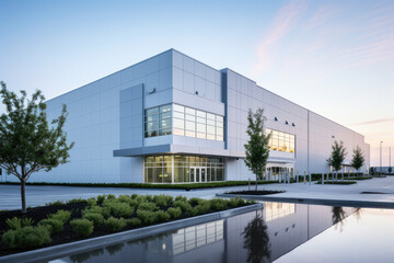 Factory's exterior, featuring clean lines, innovative architecture, and eco-friendly features - obrazy, fototapety, plakaty