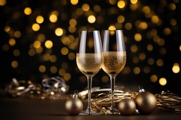 Two glasses of champagne with festive christmas decorations on a table