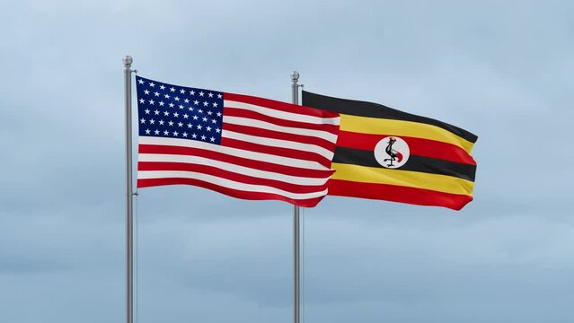 Republic of Uganda and United State or USA flag waving together on cloudy sky, endless seamless loop, two country cooperation concept