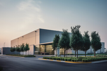 Factory's exterior, featuring clean lines, innovative architecture, and eco-friendly features