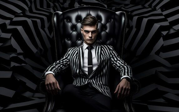 An elegant man dressed in a black and white suit rests gracefully on an equally black chair. Man with a confident posture with a classic combination of an aura of power.