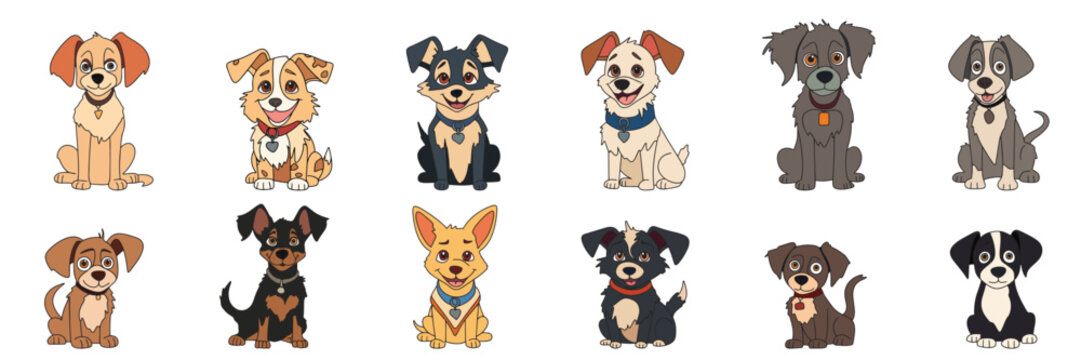 Big collection puppies colored outline. Dogs in doodle style isolated on white background. Hand drawn little dogs. Vector illustration.