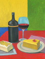 cheese and wine. foods and drinks. oil painting illustartion