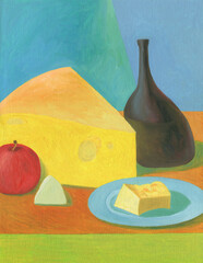 cheese and wine. foods and drinks. oil painting illustartion