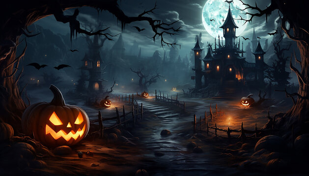 Halloween background with Jack o' Lanterns and a spooky scene