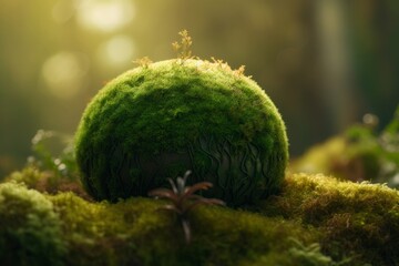 A mossy ball sitting on moss-covered ground