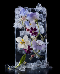 Lovely Flowers Suspended in a Block of Ice, Black Background - Generative AI