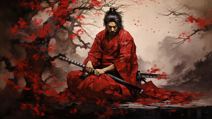 Japanese samurai sits with a sword. ai generative - obrazy, fototapety, plakaty