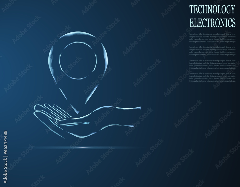 Poster vector illustration of a label for a card on an outstretched hand. the navigator checks the map. map