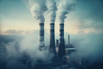 Pipes of a factory, thermal power plant with smoke against the sky