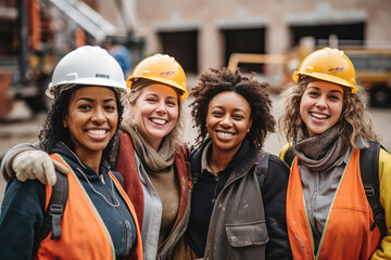 Smiling portrait of a diverse happy female group of women working construction on a construction site. ai generative - obrazy, fototapety, plakaty