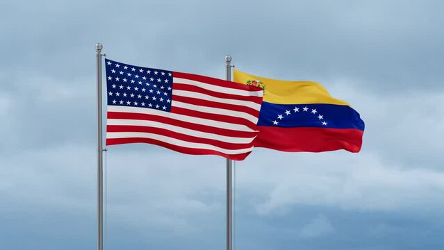 Venezuela and United State or USA flag waving together on cloudy sky, endless seamless loop