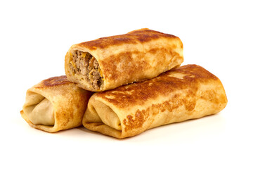Savory pancake rolls stuffed with ground meat, isolated on white background. High resolution image.