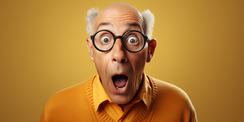 Portrait of amazed old man with an open mouth and round big eyes wearing eyeglasses. ai generative - obrazy, fototapety, plakaty
