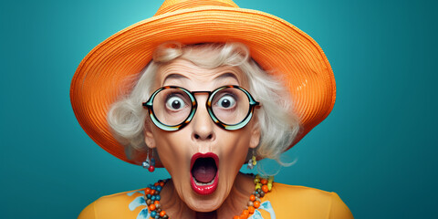 Portrait of amazed old woman with an open mouth and round big eyes wearing hat and eyeglasses.ai generative