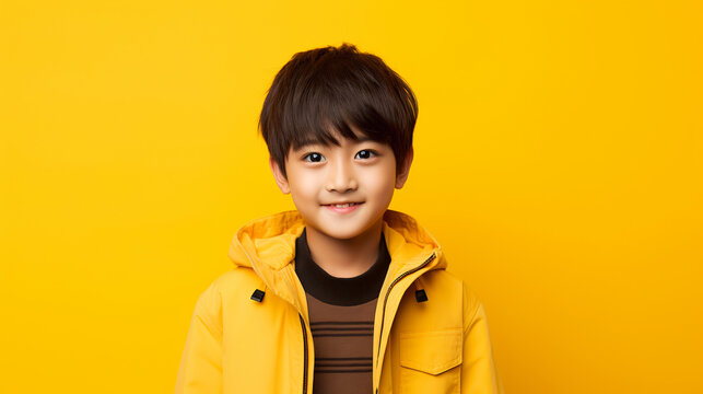 portrait of an asian boy posing on a yellow background. ai generative