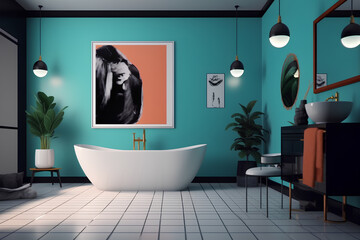 Pop-art style interior of bathroom in modern house.