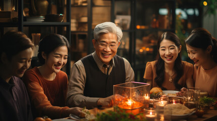 Happy Thanksgiving Day! Asian family celebrating together at home. Chinese people. - obrazy, fototapety, plakaty
