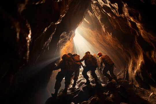 Group of spelunkers navigating through a narrow cave passage