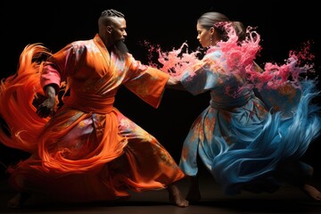 Duel of martial artists in fluid and vibrant motion., generative IA