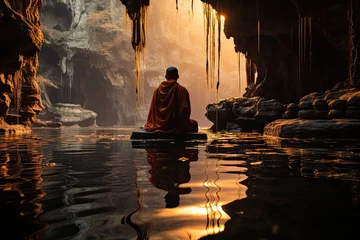 Fototapeten Warrior in training under waterfall in an old temple at dusk., generative IA © Gabriel