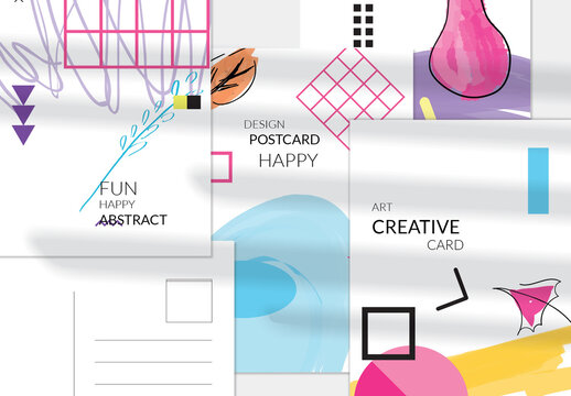 Postcard Layout with Hand Drawn Abstract Floral Doodles and Geometric Shapes