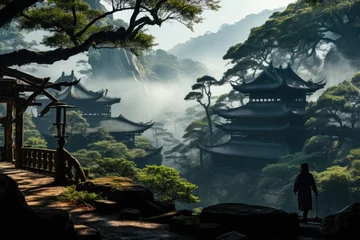 Fotobehang Kung Fu Warrior moving before the nebulous temple., generative IA © Gabriel