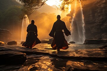 Kung Fu disciple trains under serene waterfall., generative IA - obrazy, fototapety, plakaty