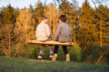 Rear view of teenage friends sitting on seesaw constructed in nature and talking against forest illuminated by sunset.