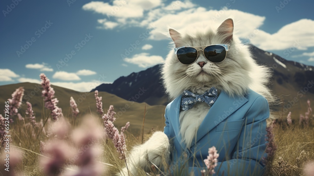 Poster A white cat wearing sunglasses and a blue suit. Generative AI.