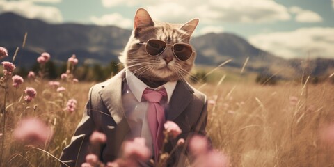 A cat in a suit and sunglasses in a field of flowers. Generative AI.