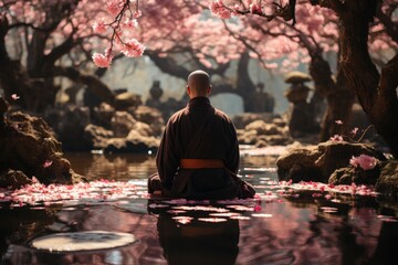 Monk Meditates in Eastern Garden, surrounded by serene nature., generative IA