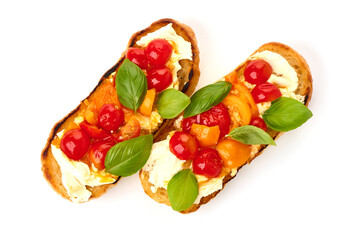 Traditional Bruschetta, isolated on white background. High resolution image.
