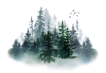 Foto op Canvas Watercolor foggy forest landscape illustration. Wild nature in wintertime.  Abstract graphic isolated on transparent background © Nataliya Kunitsyna