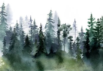 Foto op Plexiglas Watercolor foggy forest landscape illustration. Wild nature in wintertime.  Abstract graphic isolated on transparent background © Nataliya Kunitsyna