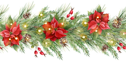 Fototapeta na wymiar Christmas seamless border. Christmas tree garland with poinsettia flowers and glowing lights