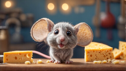 Cute cartoon mouse with cheese - obrazy, fototapety, plakaty