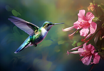 photo closeup shot of hummingbird next to flower for feeding generative ai