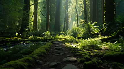 A serene forest path surrounded by vibrant greenery - obrazy, fototapety, plakaty