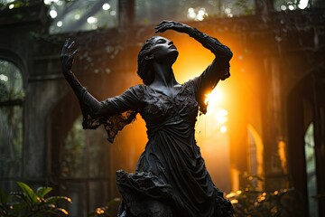 Flexible figure in the midst of old statues during a stretch in the twilight garden., generative IA - obrazy, fototapety, plakaty