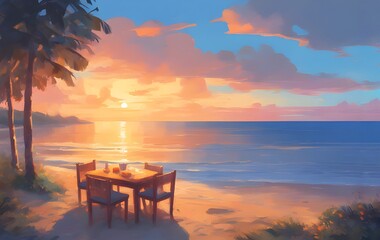 Mesa com quatro cadeiras na beira do mar durante o pôr-do-sol. Mesa pequena na areia da praia.